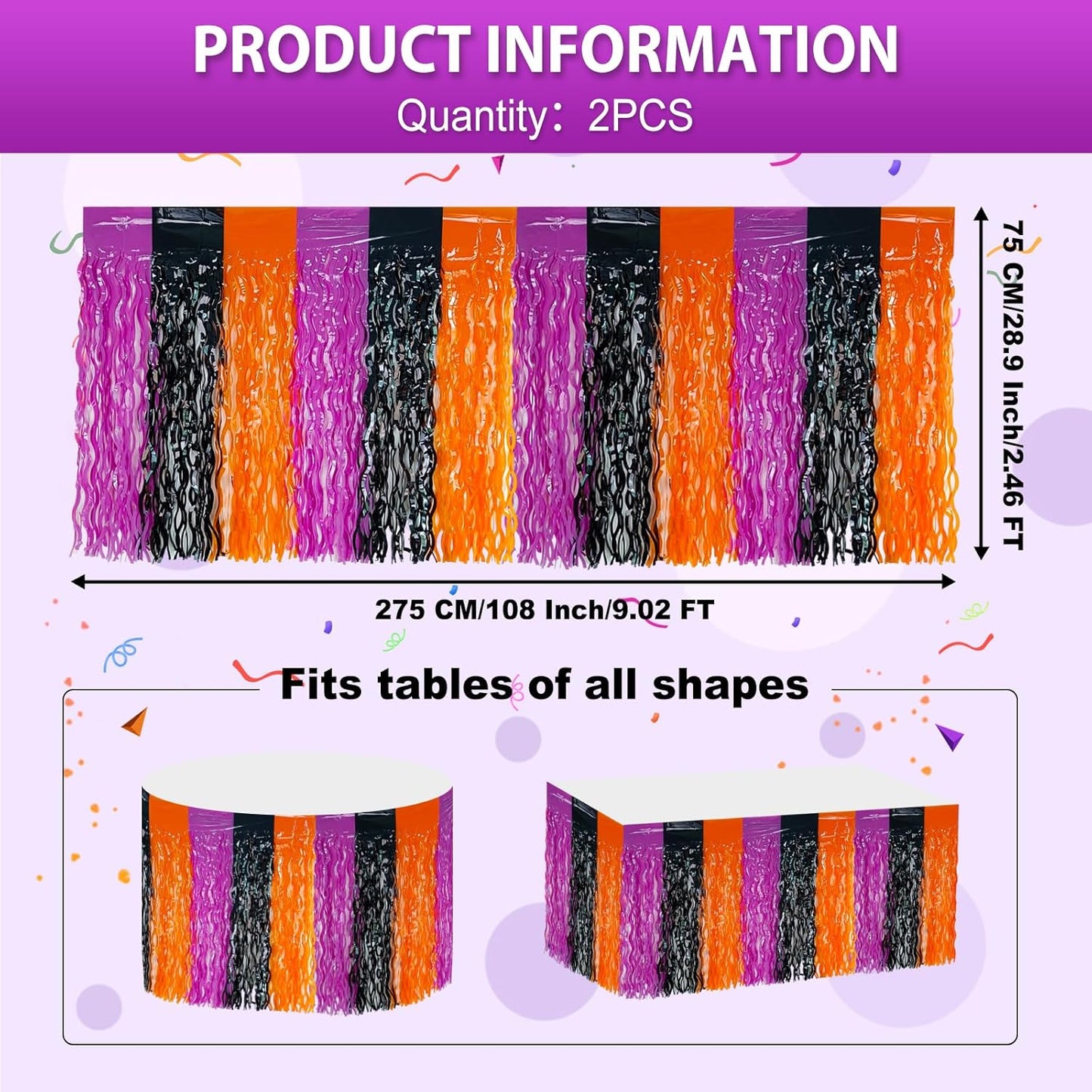 2 Pack 29.5x108 Inch Silver Foil Tinsel Fringe Table Skirts, Disposable Table Skirts for Rectangle Tables Curtains Backdrop Parade Wedding Floats Baby Shower Birthday Mardi Gras Party