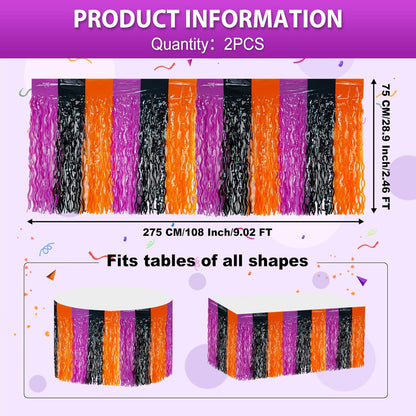 2 Pack 29.5x108 Inch Silver Foil Tinsel Fringe Table Skirts, Disposable Table Skirts for Rectangle Tables Curtains Backdrop Parade Wedding Floats Baby Shower Birthday Mardi Gras Party