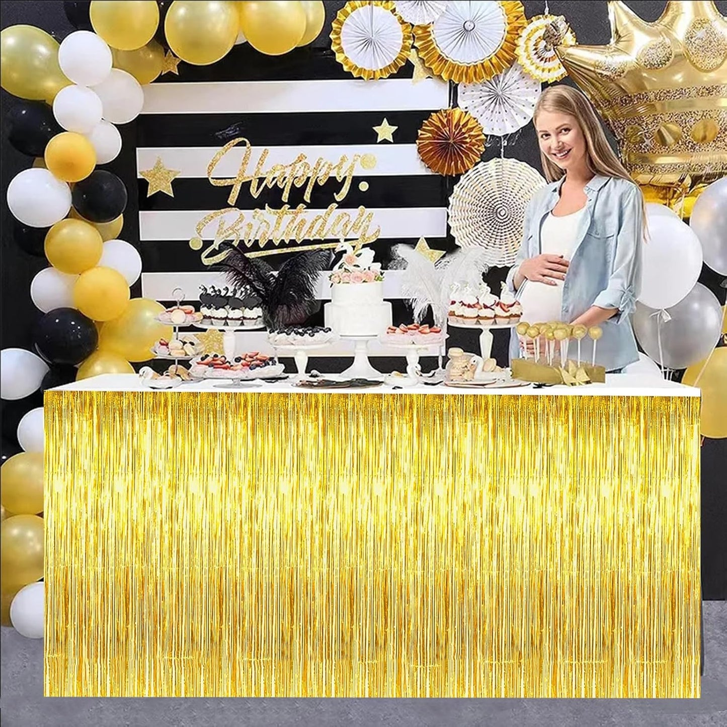 BEISHIDA 2 Pack Metallic Tinsel Foil Fringe Table Skirts for Rectangle & Round Tables Hot Pink Kids' Birthday, Holiday Cartoon Party Decorations for Birthday Valentines Baby Shower Festive Events