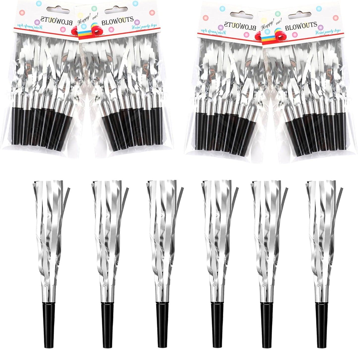 24 Pieces silvery Glitter Metallic Fringed Noise Maker Musical Blowouts, Squawker Whistles Party Noisemakers for Birthday, New Year, Party Favor Decoration Supplies (Golden)