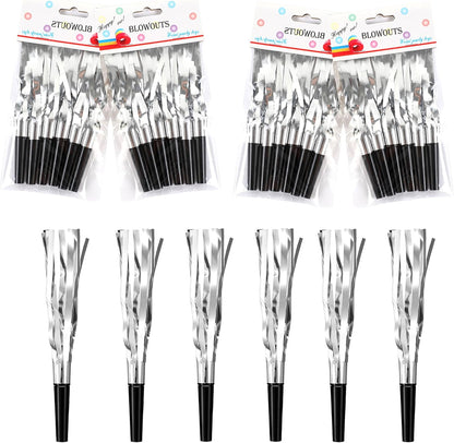 24 Pieces silvery Glitter Metallic Fringed Noise Maker Musical Blowouts, Squawker Whistles Party Noisemakers for Birthday, New Year, Party Favor Decoration Supplies (Golden)