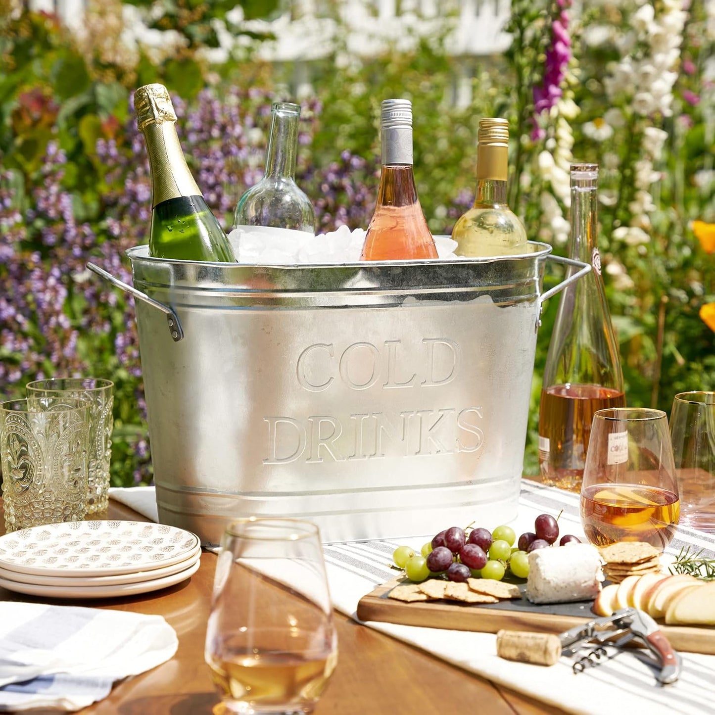 Twine Cheers Beverage Tub, Galvanized Tubs for Entertaining, Drink Buckets for Parties, Large Ice Tub and Gift Basket, Beer Buckets, Cream, 6.3 Gallons Set of 1