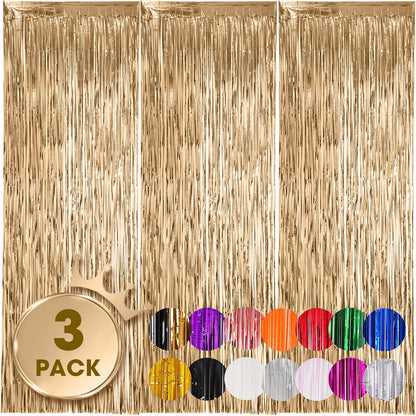 Voircoloria 3 Pack 3.3x8.2 Feet Gold Foil Fringe Backdrop Curtains, Tinsel Streamers, Fringe Backdrop for 2025 New Years Eve, Graduation, Birthday, Baby Shower, Gender Reveal, Disco Party - Colors B