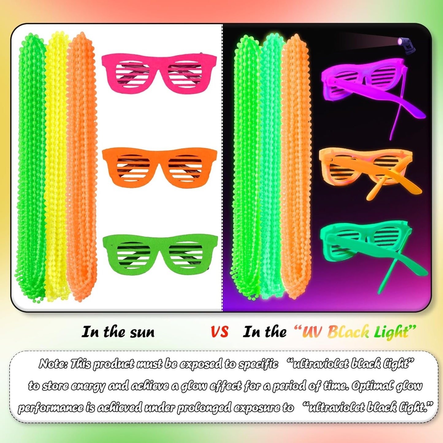 Glow in the Dark Beads Necklaces Glow Party Supplies, 33" Yellow Green Orange UV Black Light Necklaces for Glow Party Favors Night Accessories, Halloween Birthday Party Decorations
