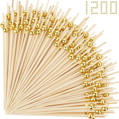 [300PCS] Cocktail Picks, Fancy Toothpicks for Appetizers Drinks Food Fruit, 4.7 IN Long Decorative Bamboo Skewers, Gold Pearl Wooden Garnish Sticks for Charcuterie Boards Accessories Party Supplies