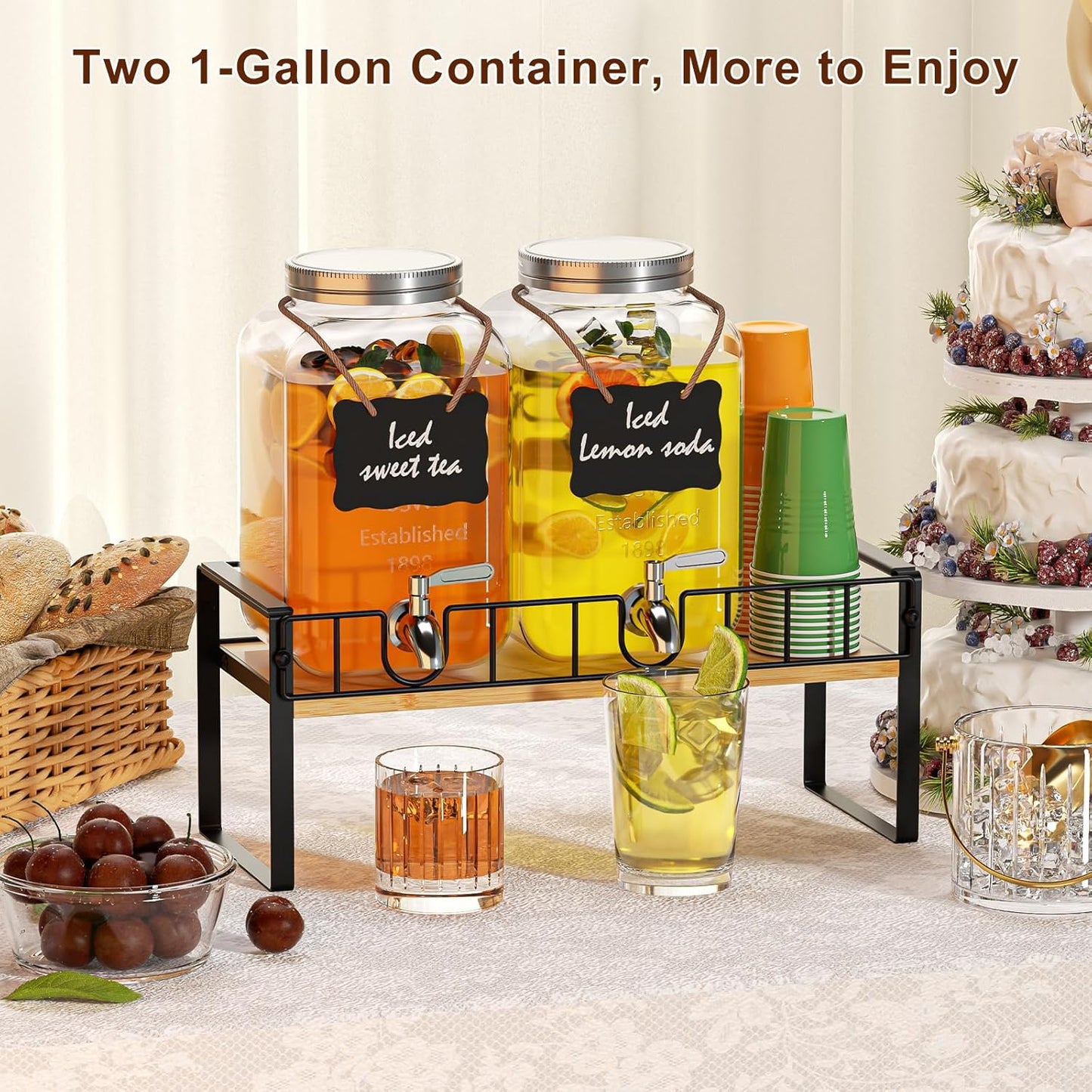 2-pack 1 Gallon Drink Dispenser,Glass Beverage Dispenser with Spigot,Lemonade dispenser Bamboo Stand for Outside, Glass Drink Dispensers for Parties with Ice Core