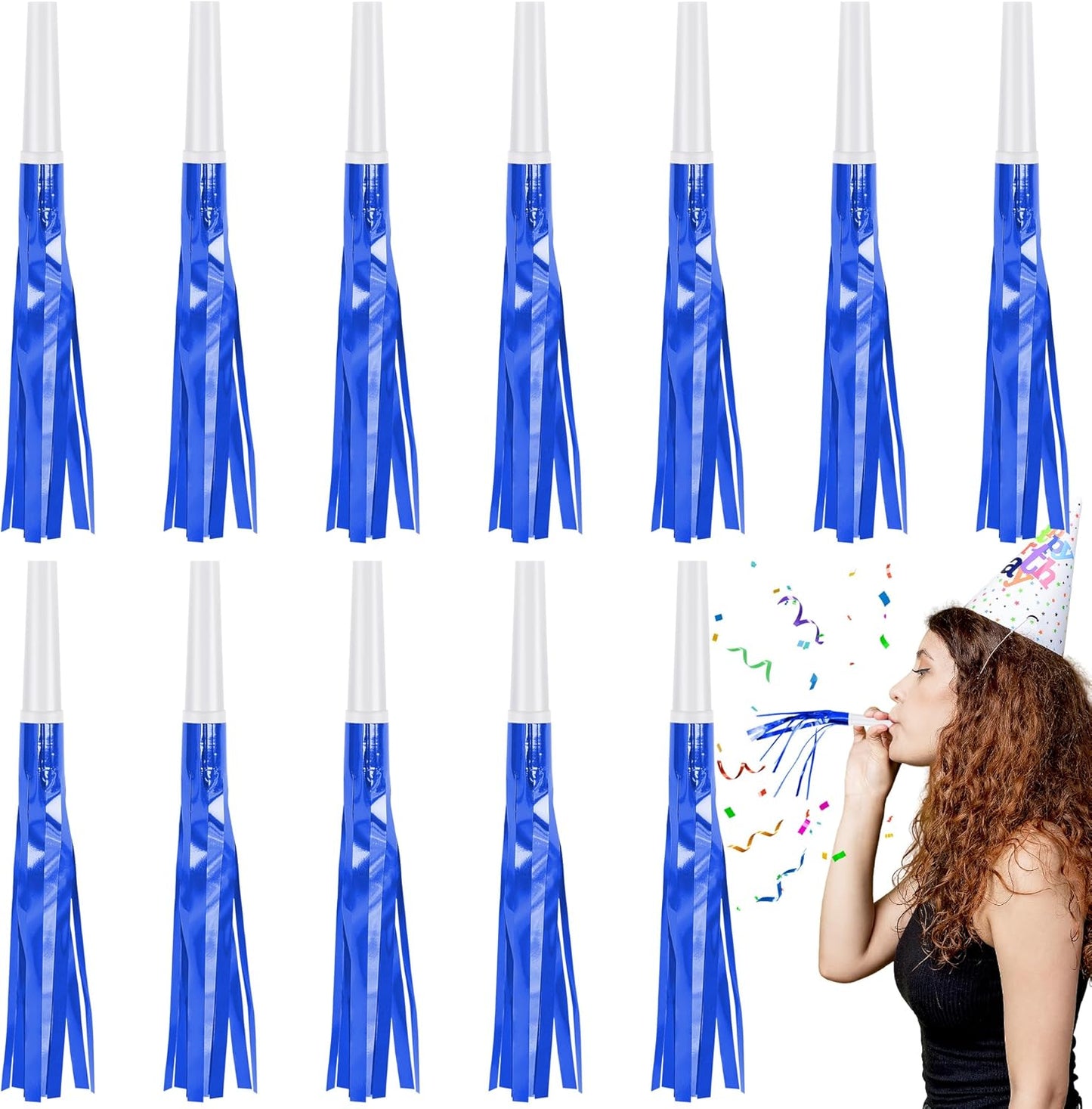 12 Pcs Noise Makers Glitter Metallic Fringed Party Blowers for Birthday New Years Graduation Sporting Events Party Favor Supplies (Mixed Colors)