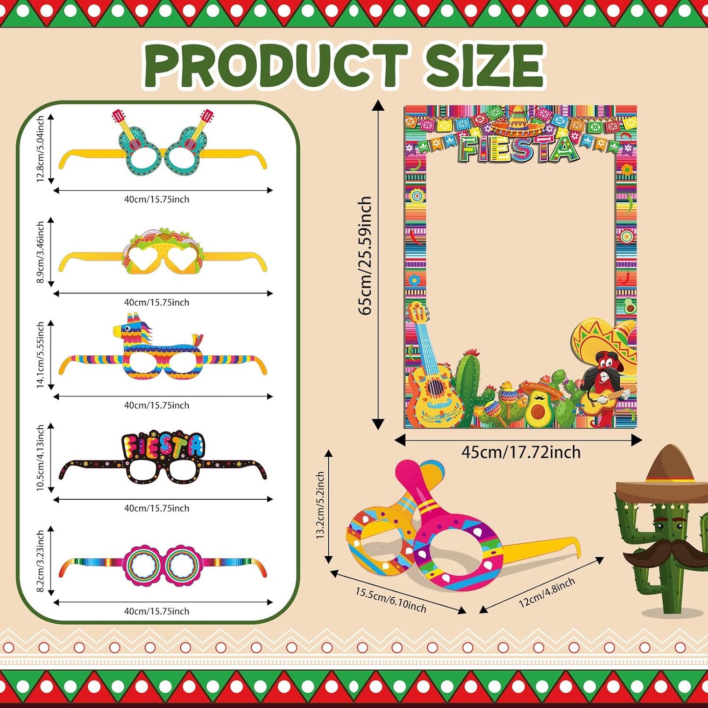 Pasimy Mexican Fiesta Party Decorations 17 Pcs Graduation Photo Booth Prop Kit 16 Fiesta Paper Eyeglasses with 1 Mexican Photo Booth Selfie Frame for Cinco De Mayo Birthday Party Supplies