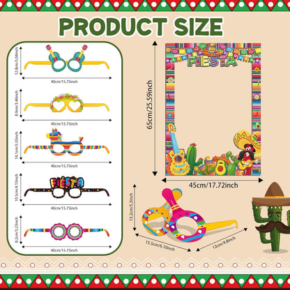 Pasimy Mexican Fiesta Party Decorations 17 Pcs Graduation Photo Booth Prop Kit 16 Fiesta Paper Eyeglasses with 1 Mexican Photo Booth Selfie Frame for Cinco De Mayo Birthday Party Supplies