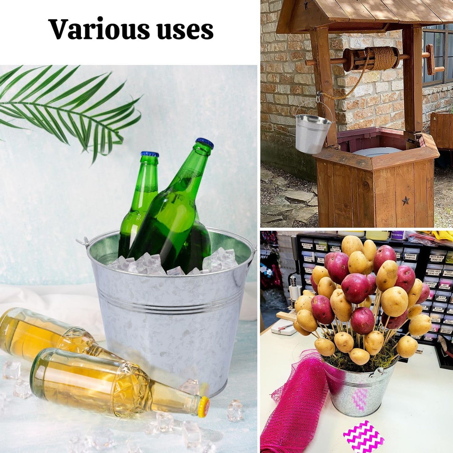3 PCS 15.3 x 9 x 6 inches White Metal Galvanized Tub with Iron Handles, 3 Gallon Beverage Tubs for Parties, Large Ice Buckets for Beer, Wine, Cocktails & Outdoor Events