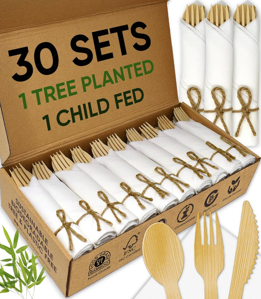 EcoPreps Premium Pre-Rolled Napkin and Bamboo Cutlery Set (50 Pack, 200 PCS) 100% Biodegradable, Eco-Friendly, Disposable Wrapped Cutlery - Includes Pre-Wrapped Bamboo Forks, Knives, Spoons, & Napkins