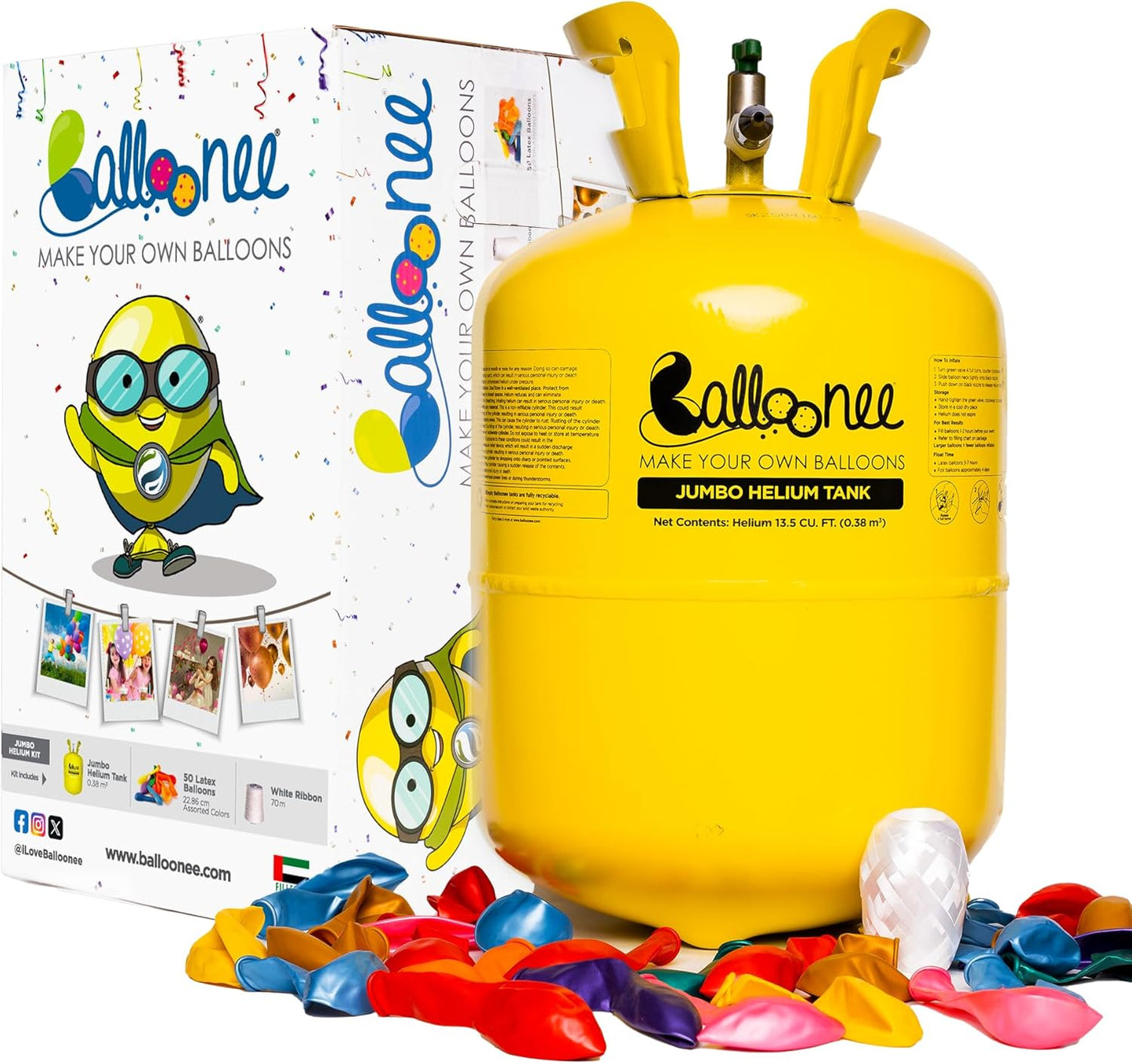 13L Helium Tank for Balloons at Home, Disposable, Portable, Fills Upto 50 9-Inch Latex Balloons, Great for Parties, Birthdays, Weddings, Special Occasions, 50 Assorted Latex Balloons Ribbon Included
