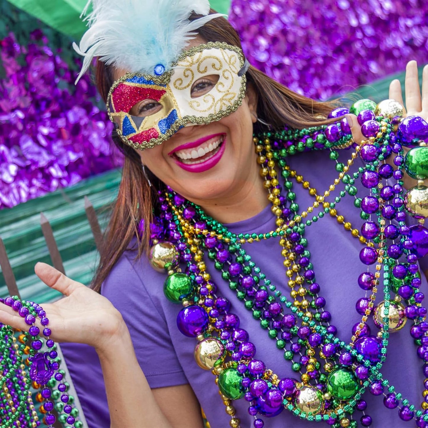 200PCS Mardi Gras Beads Necklaces Bulk 33 Inch 7 mm Purple Blue Pink Silver Gold Red Green Mardi Gras Beaded Necklaces Glow Party Throw Parade Beads Mardi Gras Decorations for Women Men Kids