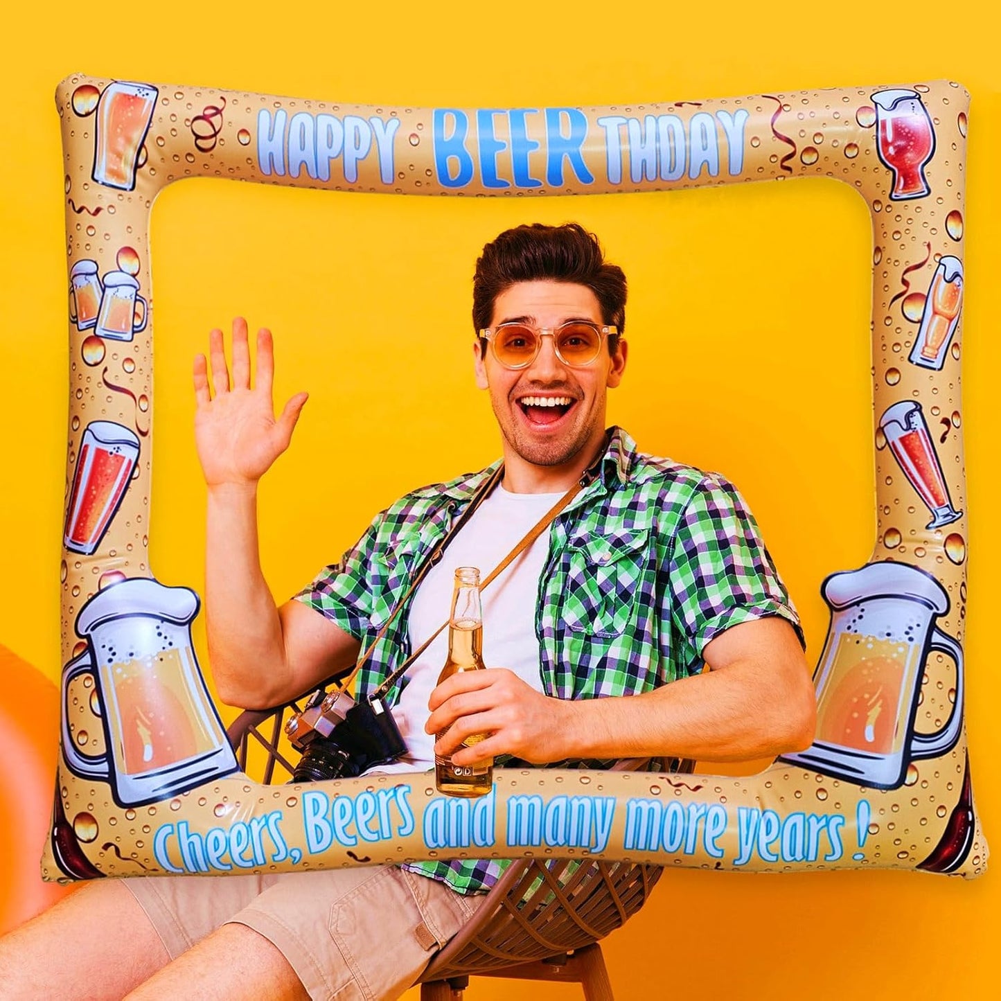 Beer Themed Happy Birthday Inflatable Selfie Photo Frame Props for Pictures & Decors Cheers and Beers Happy BEERthday Blow Up Picture Frame for 20th 30th 40th 50th 60th 70th and More Birthdays