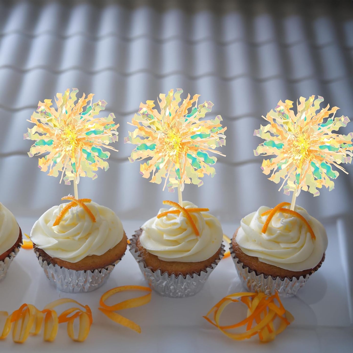 Ephlyn 30Pcs Foil Firework Cupcake Toppers Sparkle Tinsel Cupcake Picks Drink Stirrers Cocktail Food Fruit Toothpicks for Baby Shower Graduation Party Supplies White