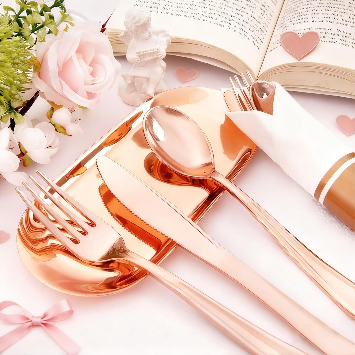 Liacere 100 Pack Silver Plastic Silverware-Pre Wrapped cutlery and Napkin-Pre Rolled Silverware Disposable 100 Forks, 100 Knives 100 Spoons, 100 Napkins Plastic Utensils＆Wedding
