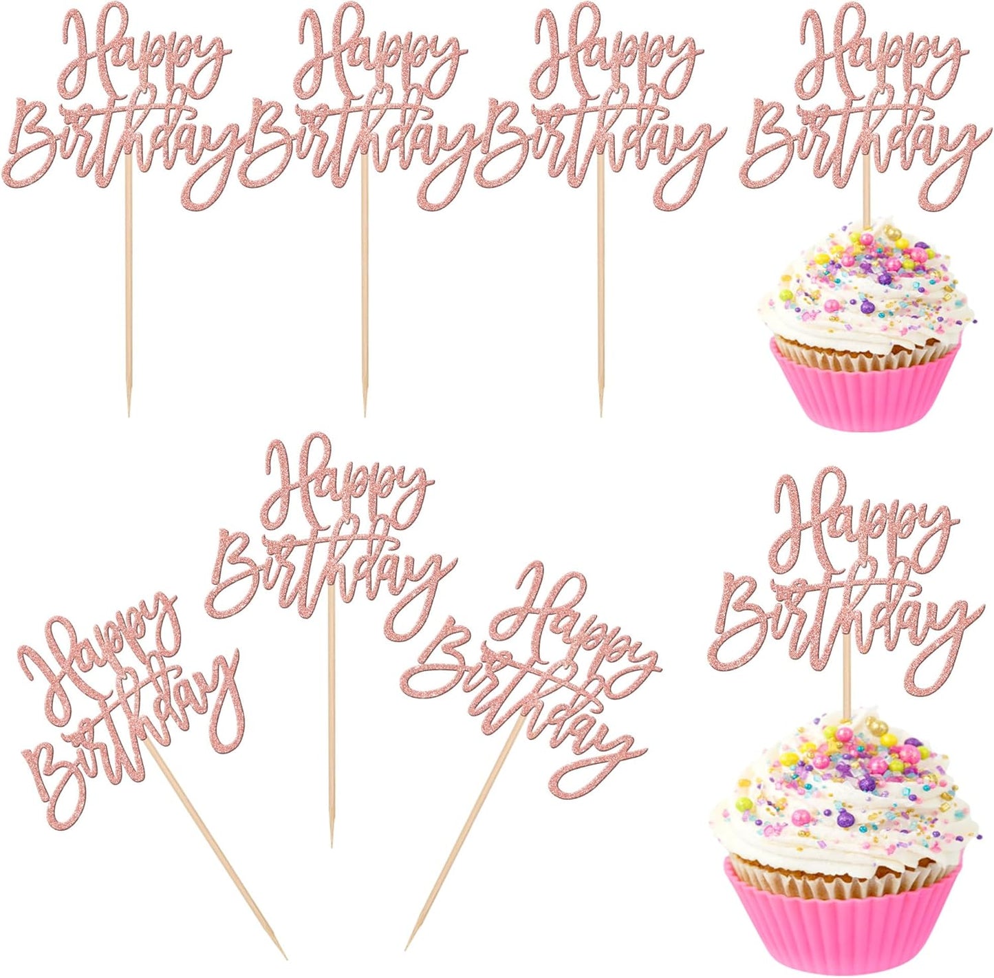 24 PCS Happy Birthday Cupcake Toppers Glitter Picks for Celebrating Anniversary Theme Party Cake Decorations Supplies Gold