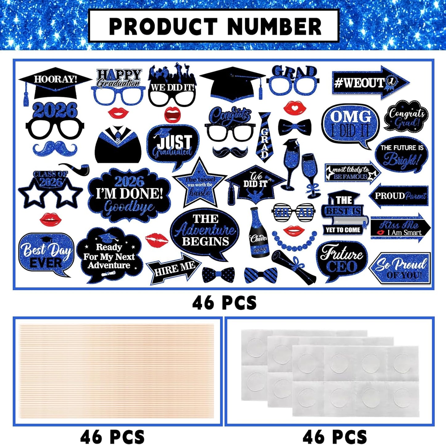46Pcs Blue Gold Graduation Photo Booth Props 2026 Graduation Decorations with Sticks Class of 2026 Grad Party Favors Supplies for High School & College