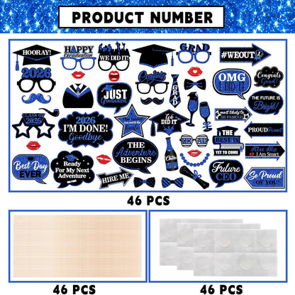 46Pcs Blue Gold Graduation Photo Booth Props 2026 Graduation Decorations with Sticks Class of 2026 Grad Party Favors Supplies for High School & College