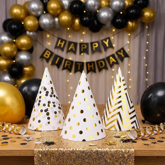 Boieo Party Hats Birthday Cone Set Gold Polka Dot Striped Paper for Adults Kids Happy Birthday Party Decorations 12 Pcs