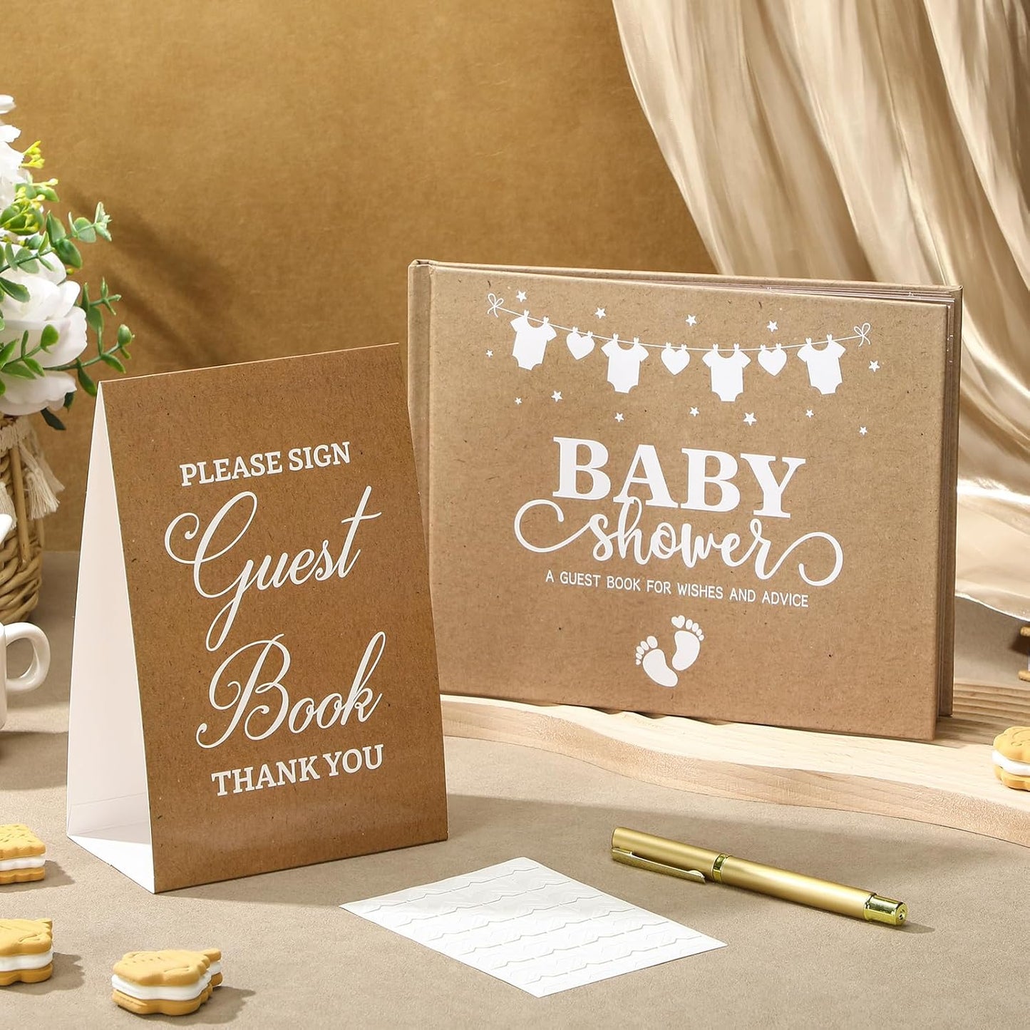 Fuyoooo 27 Pcs Safari Animal Baby Shower Guest Book Set Baby Shower Sign in Guest Floral Book Place Table Cards with Gold Pen Adhesive Photo Corner for Birthday Party