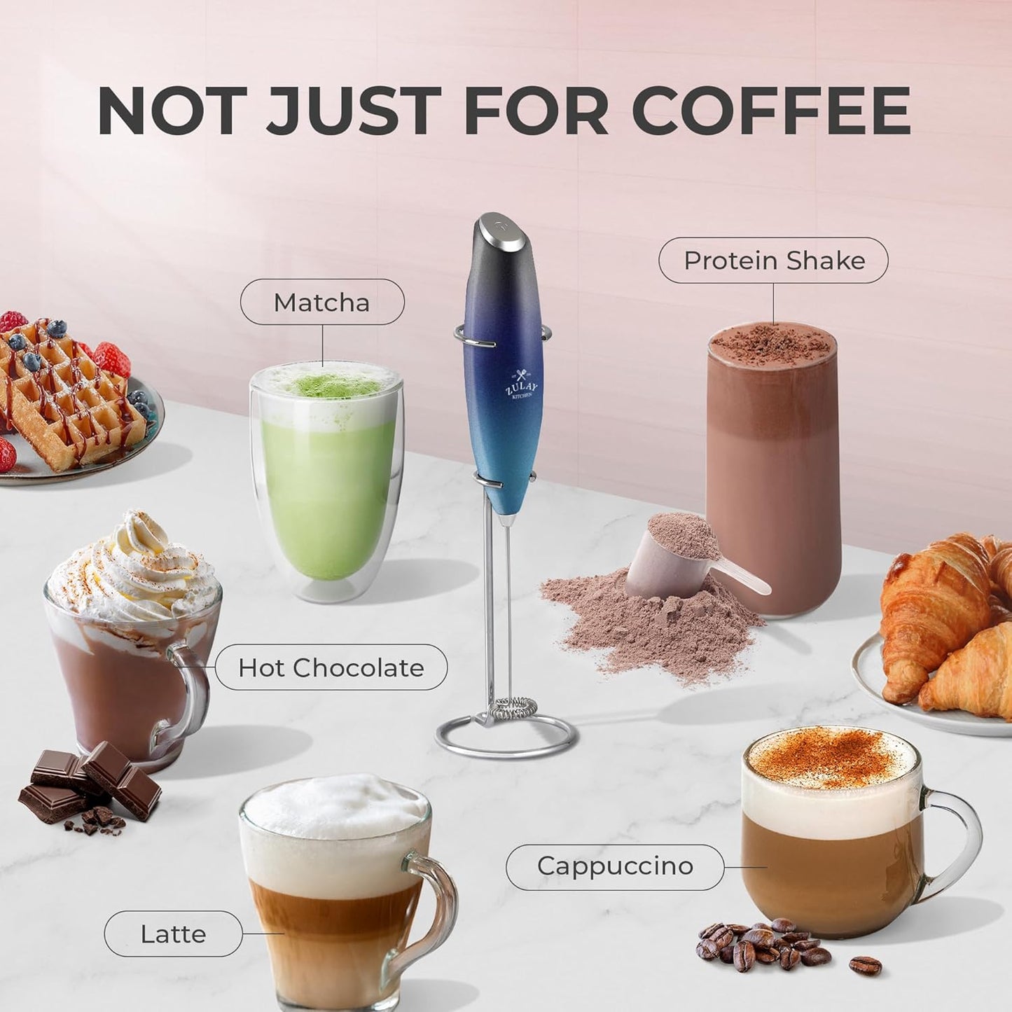 Zulay Kitchen Powerful Milk Frother Wand With Duracell Batteries - Ultra Fast Handheld Drink Mixer - Electric Whisk Foam Maker for Coffee, Lattes, Cappuccino & Matcha - Z1 Motor - Black - Colors B