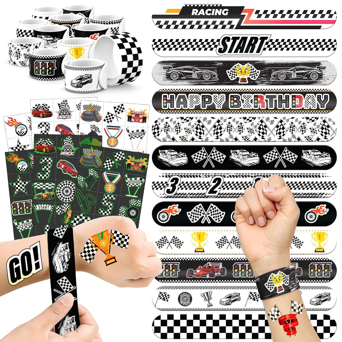 96 PCS Checkered Flags Party Favors Set – 72 Pre-Cut Temporary Tattoos & 24 Slap Bracelets for Kids, Perfect for Racing Birthday Parties, Car-Themed Celebrations & Classroom Rewards