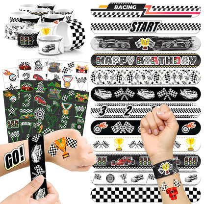 96 PCS Checkered Flags Party Favors Set – 72 Pre-Cut Temporary Tattoos & 24 Slap Bracelets for Kids, Perfect for Racing Birthday Parties, Car-Themed Celebrations & Classroom Rewards