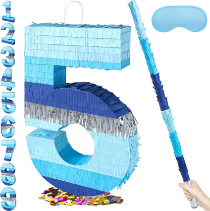 PCFING 20 Inch Number 3 Piñata Blue Silver with 30 Inch Piñata Stick Blindfold Confetti for Boys Girls Adults Birthday Party Decorations, Anniversary Celebration, Fiesta