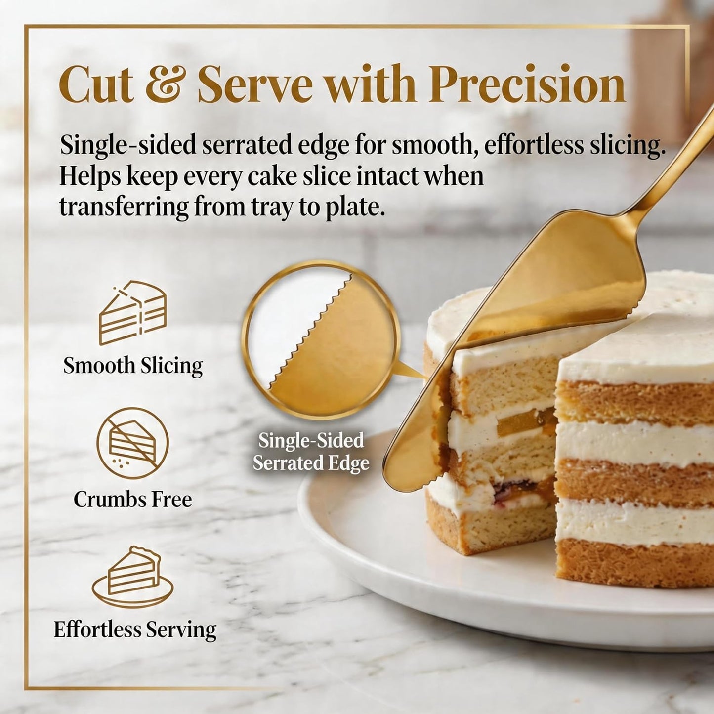 Gold Cake Knife and Server Set of 2, 9" Stainless Steel Serrated Cake Cutter and Spatula for Cutting & Serving Wedding Cake, Dessert, Pie, Pizza - Dishwasher Safe Cake Cutting Set