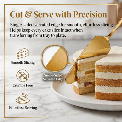 Gold Cake Knife and Server Set of 2, 9" Stainless Steel Serrated Cake Cutter and Spatula for Cutting & Serving Wedding Cake, Dessert, Pie, Pizza - Dishwasher Safe Cake Cutting Set