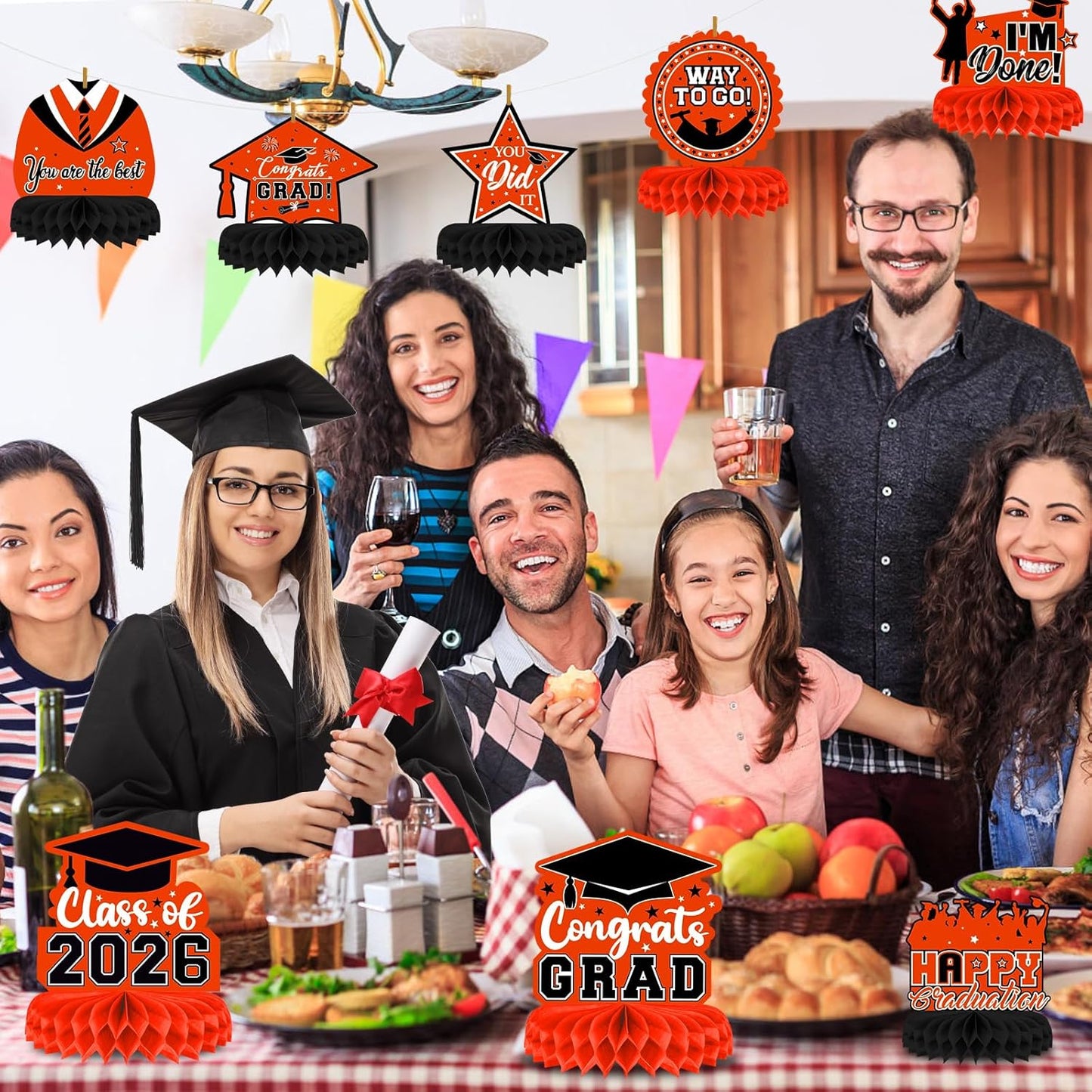 8 Pieces Class of 2026 Graduation Table Decorations - 2026 Congrats Grad Honeycomb Centerpieces, Red Black Graduation Table Toppers Decor for 2026 Graduation Party Decorations Favor Supplies