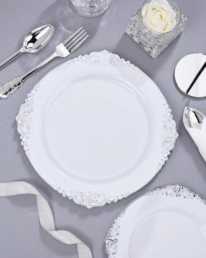 Nervure 350PCS Gold Plastic Plates - Gold Plastic Dinnerware Sets for 50 Guests - 100 Disposable Plates, 150 Silverware, 50 Cups, 50 Napkins for Wedding & Party & Mothers Day