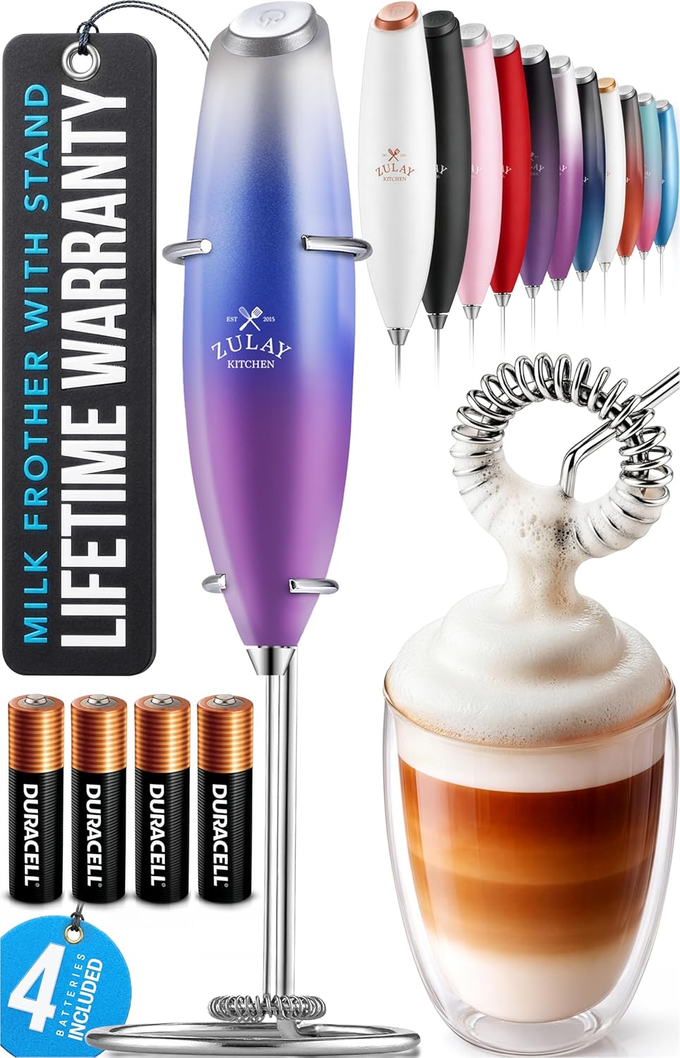 Zulay Kitchen Powerful Milk Frother Wand With Duracell Batteries - Ultra Fast Handheld Drink Mixer - Electric Whisk Foam Maker for Coffee, Lattes, Cappuccino & Matcha - Z1 Motor - Black - Colors B