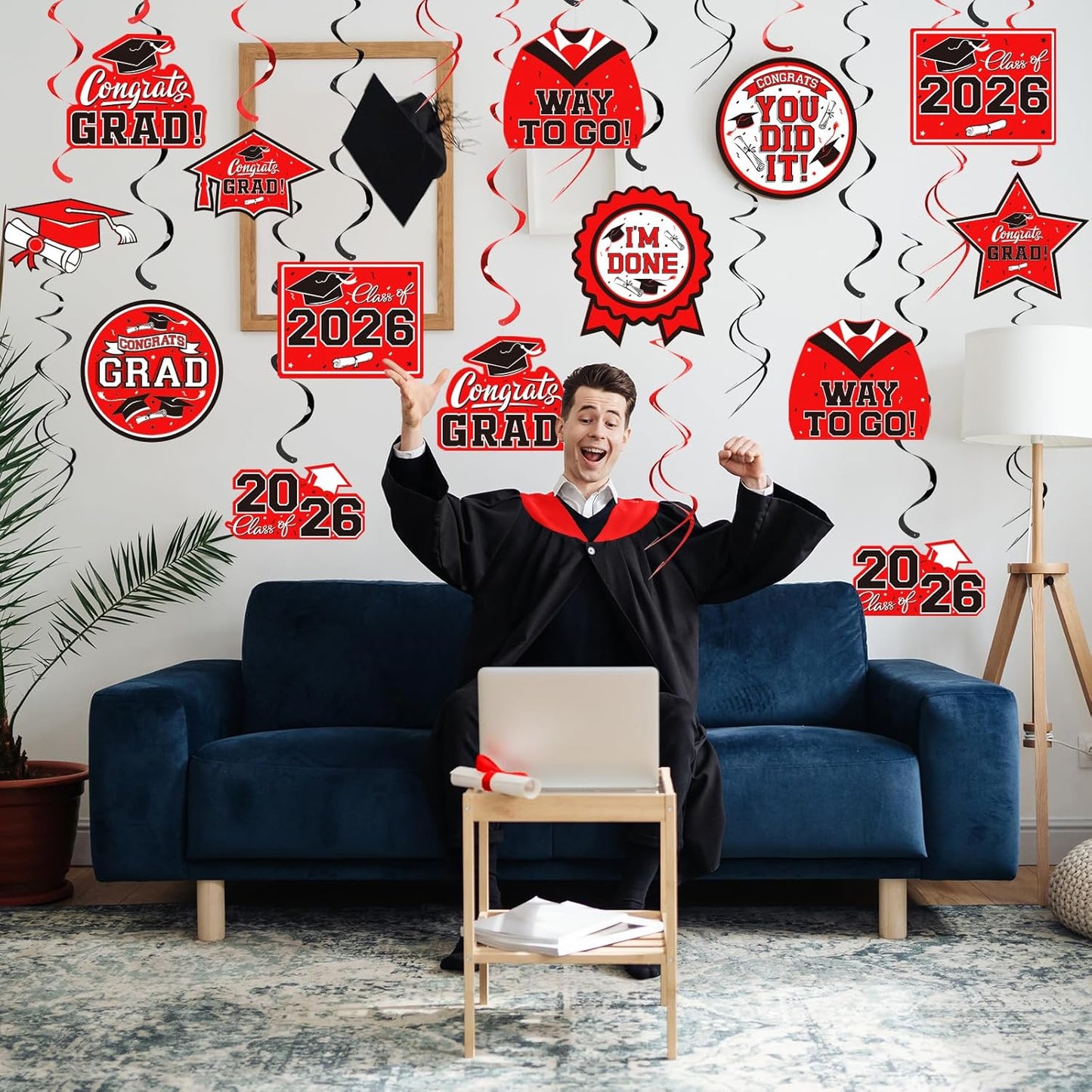 31 Pieces Graduation Decorations Class of 2026, Graduation Hanging Swirl Congrats Grad and Graduation Party Decorations(red, Black)