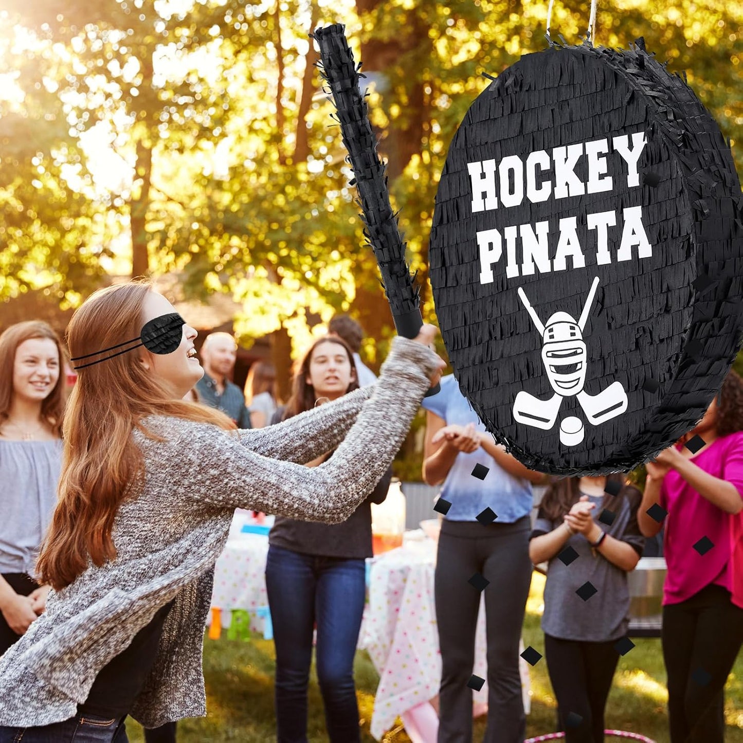 Jenaai 4 Pcs Hockey Party Favors Include 16" Hockey Piñata Bat Blindfold Piñata Stick and Confetti Bag for Hockey Theme Birthday Party Sports Party Reward Victory Celebration