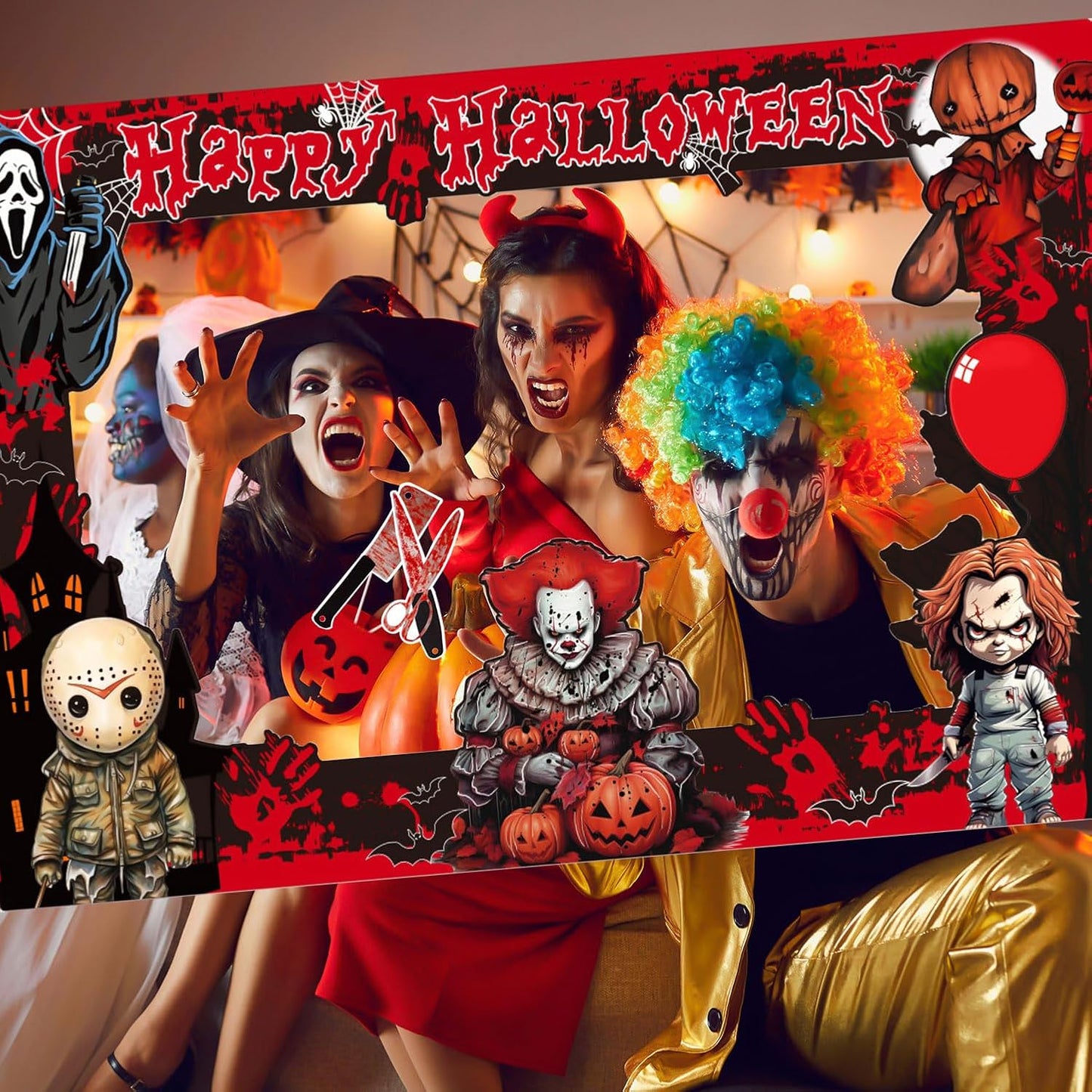 Halloween Photo Booth Props Kit, 16PCS Photo Props & Selfie Frame Halloween Party Decoration Supplies Dress Up Party Costumes Accessories for Photoshoot Selfie Props (Orange)