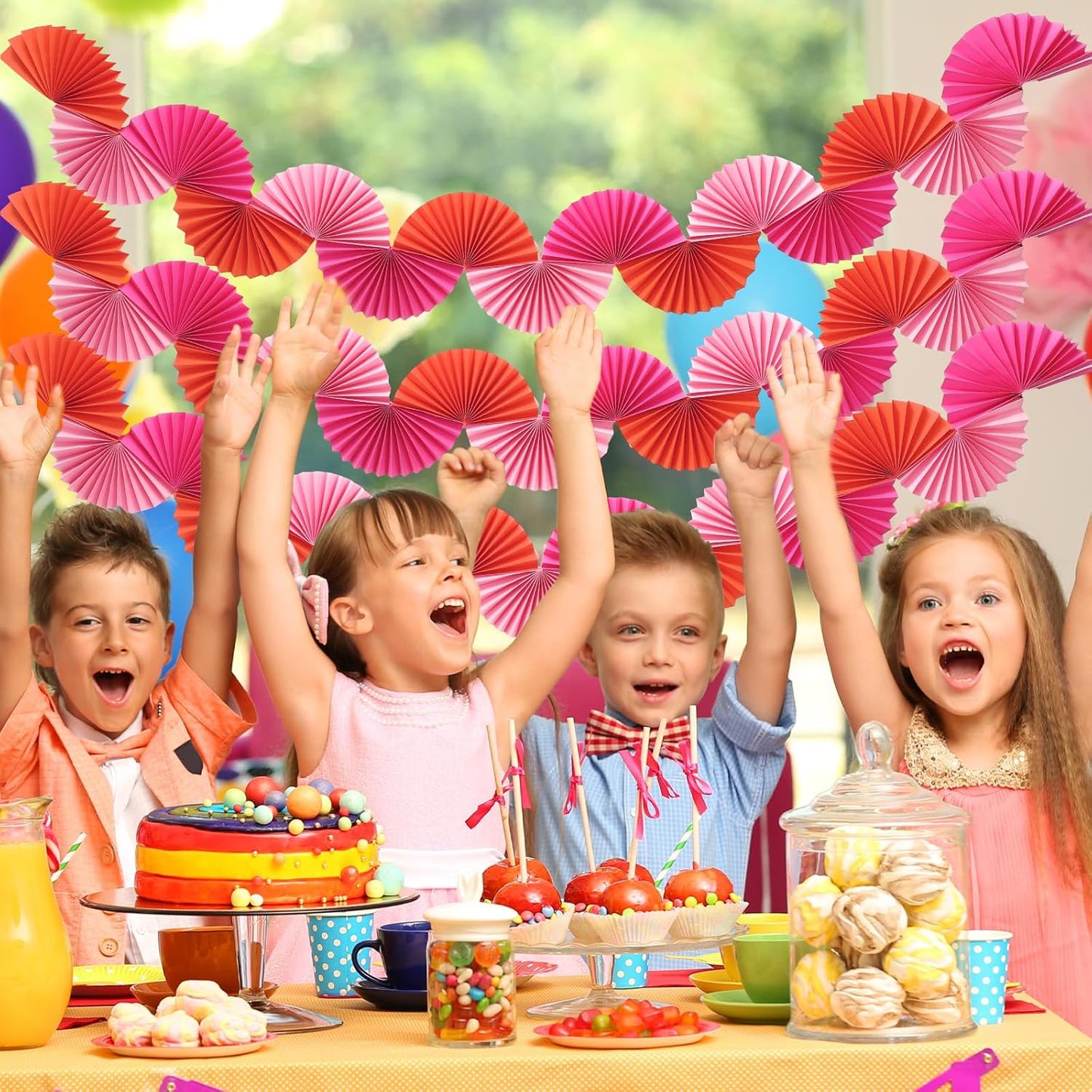 Whaline 3 Pack Paper Fans Garland 15.7 Ft Rose Red Pink Orange Hanging 3D Ornament Banners for Birthday Bachelorette Party Wall Ceiling Decoration