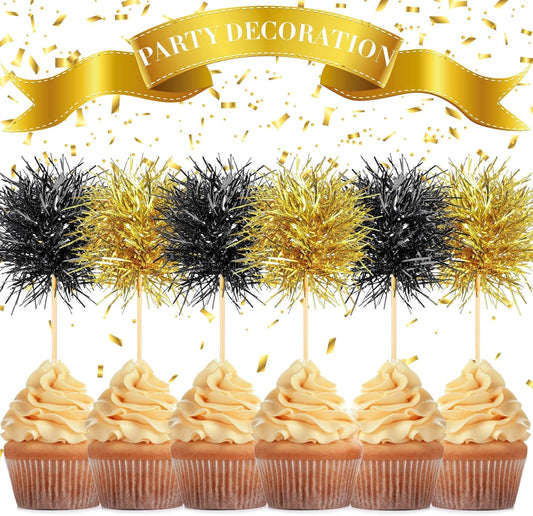 Chinco 100 Pcs Foil Firework Cupcake Toppers Sparkle Tinsel Cake Toppers Cake Decoration Cocktail Fruit Toothpick for Birthday Wedding Graduation Party(Bright Color)