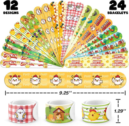 96 PCS Chicken Party Favors Set – 72 Pre-Cut Temporary Tattoos & 24 Slap Bracelets for Kids, Perfect for Farm-Themed Birthday Parties, Classroom Rewards & Barnyard Celebrations