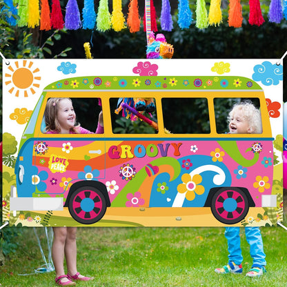 Hippie Bus Photo Prop Groovy Birthday Party Decorations Large Fabric Groovy Van Prop Hippie Selfie Frame Backdrop Background Banner Birthday Supplies Retro Daisy 60s 70s Party Favors 65.8 x 35.4 Inch
