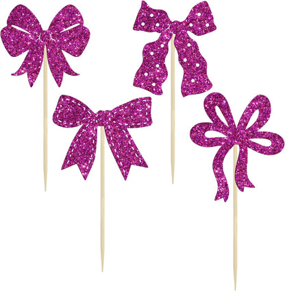 Ephlyn 24Pcs Pink Bow Cupcake Toppers Bow Birthday Cake Topper Girls Birthday Party Decorations Bowknot Cupcake Decorations for Bridal Wedding Themed Party Multi