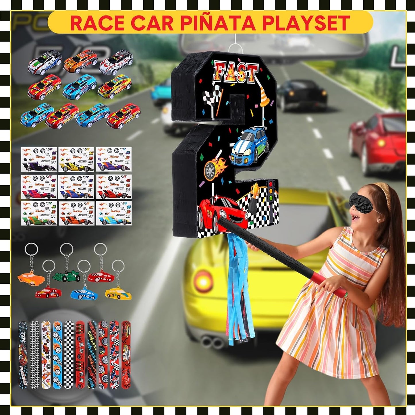 Pasimy Number 3 Piñata Race Car Party Favors Set with Black Red Birthday Piñata Stick Blindfold Slap Bracelet Keychain Sticker Racecar Party Gifts Birthday Decorations Goodie Bag Stuffer Supplies