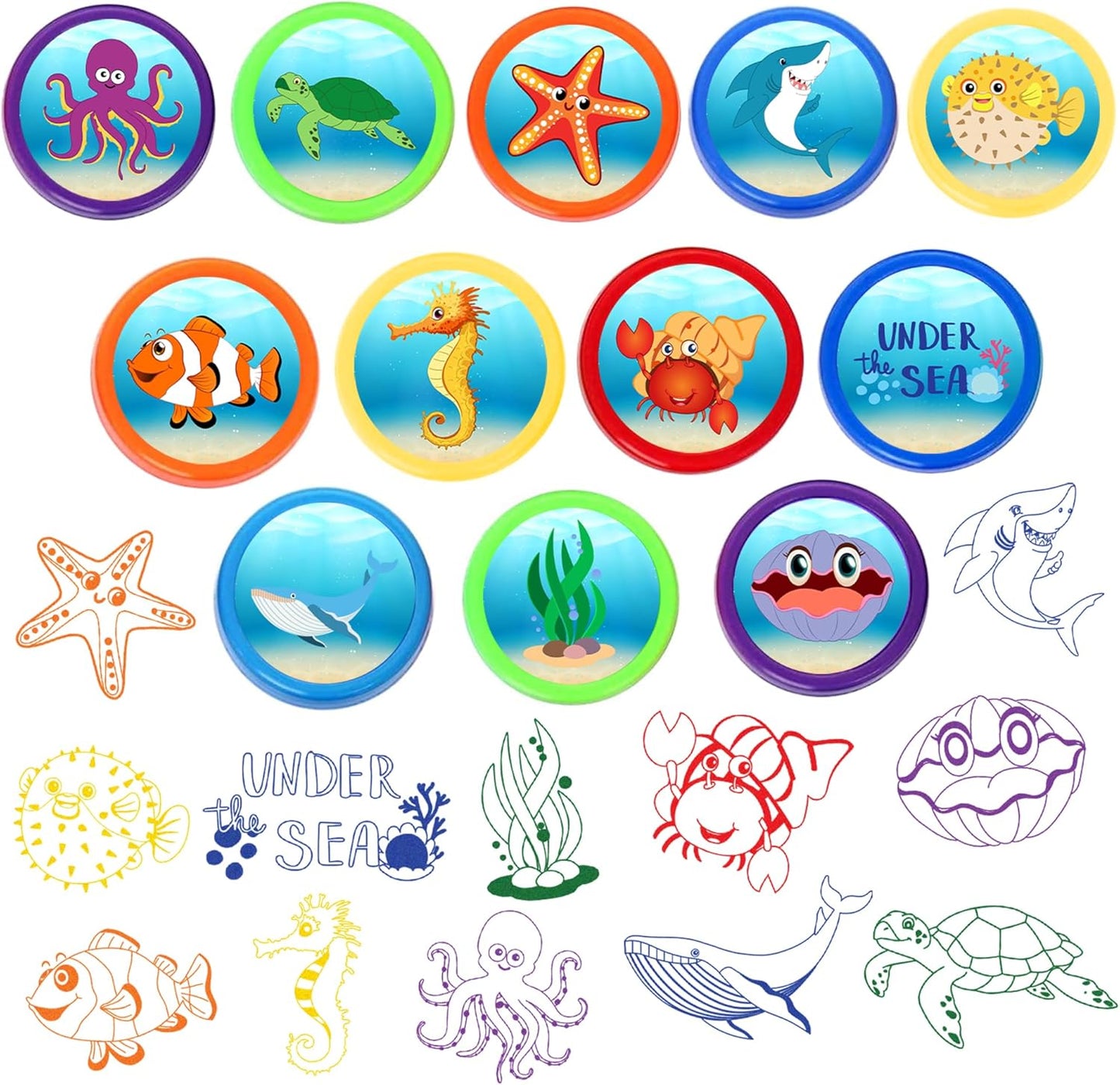 36PCS Ocean Party Favors - 24PCS Pre-Cut Temporary Tattoos & 12PCS Stamps - Ideal Sea Creature Under the Sea Themed Birthday Card Decoration Supplies Goodie Bag Kids Gifts Classroom Rewards Prizes