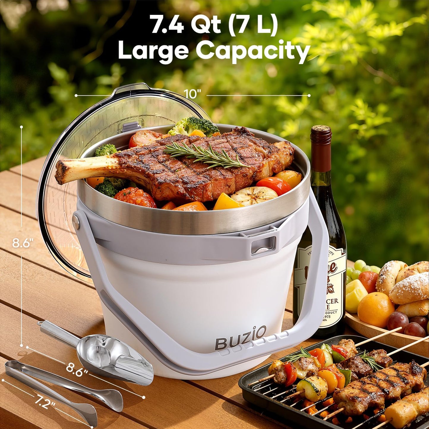 BUZIO 7 L Ice Bucket for Parties with Lid and Scoop & Tongs, Vacuum Insulated Stainless Steel Ice Buckets with Handle and Adjustable Shoulder Strap, Large Beverage Bucket for Cocktail Bar, Blue