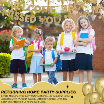 Fulmoon Pre Strung Welcome Back We Missed You So Much Banner, NO DIY, Glitter Welcome Home Celebration Decorations Family Gathering, Back to School, Military Homecoming Decoration(Dark Blue)