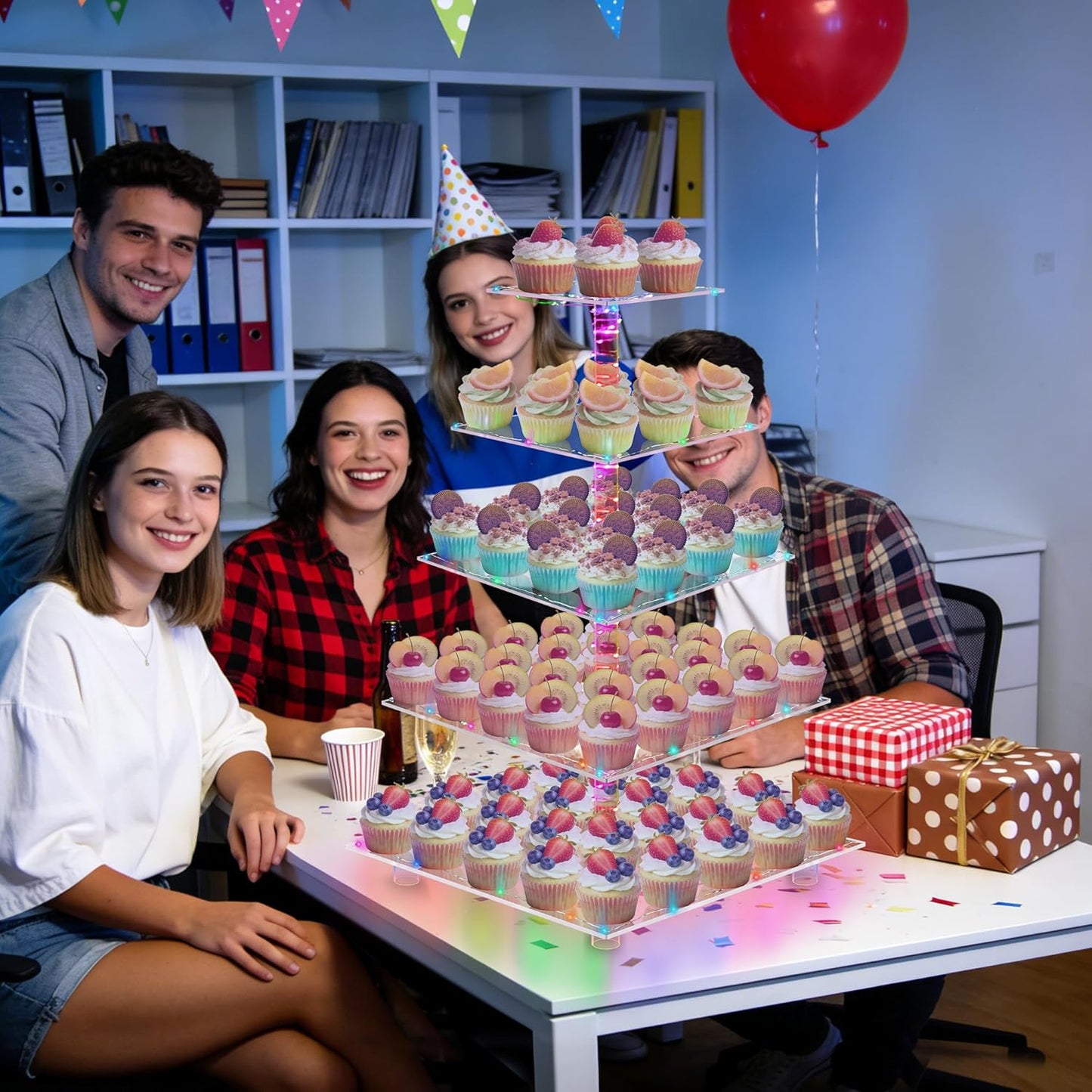 YestBuy Cupcake Stand with Yellow Led Lights, 4 Tier Cupcake Stand for 50 Cupcakes, Acrylic Cupcake Tower Stand, Clear Tiered Cupcake Holder for Birthday Cady Bar Décor Weddings, Parties Events