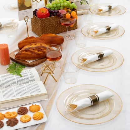 WELLIFE 350-Piece Gold Disposable Plates and Cutlery Set - Premium 10.25" Dinner Plates, 7.5" Dessert Plates, 9oz Cups & Cutlery for Weddings, Catering Events - 50 Guest Service - Elegant & Sturdy