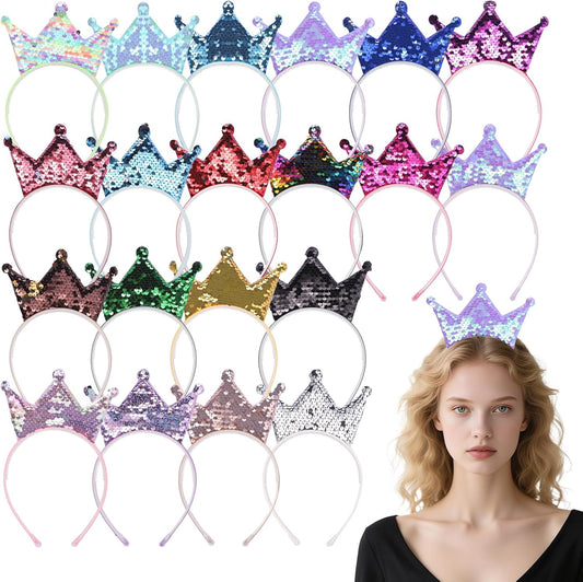 20 Pack Sparkling Princess Crown Headband for Women Glitter Sequin Headbands Princess Crowns Party Favor Stretchy Hair Accessories for Birthdays, Halloween, Proms