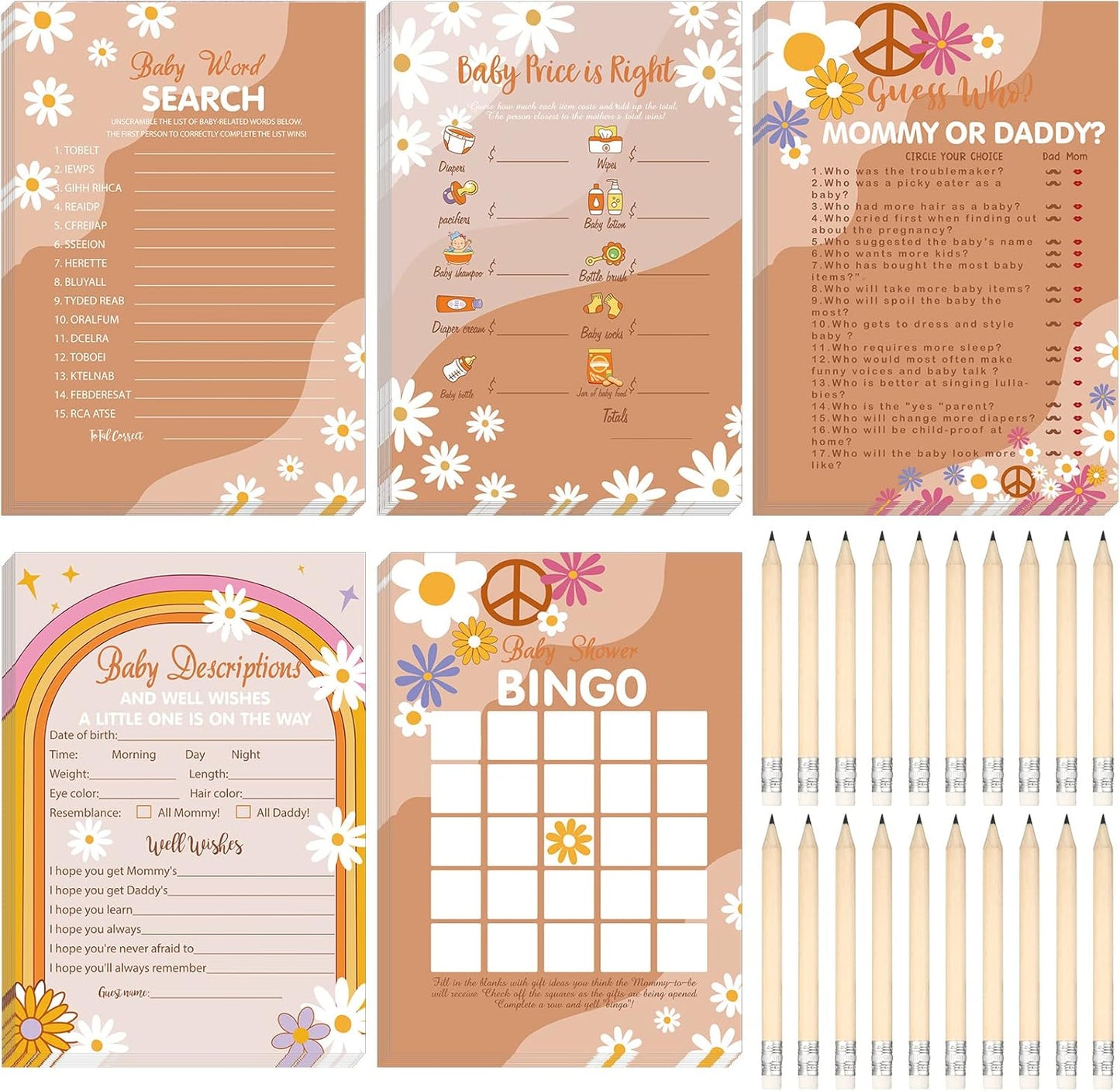 Yinder 145 Pcs Baby Shower Games Activities Cards with 20 Pencils Includes Baby Bingo Description and Wishes Guess Who Price is Right Word Scramble Game(Here Comes the Son)